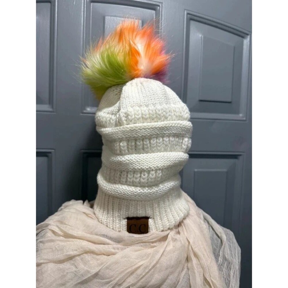 C.C. Knit Beanie White Ivory Rainbow Multi-Color Faux Fur Pom Pom Hat